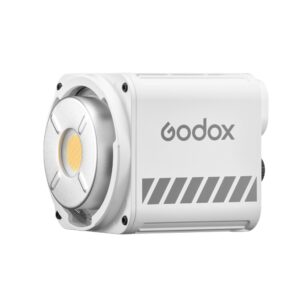 1703071071_538 The compact, white Godox ML60II BI Bi-Color LED luminaire with round LED front panel and grey side brand against a white background.