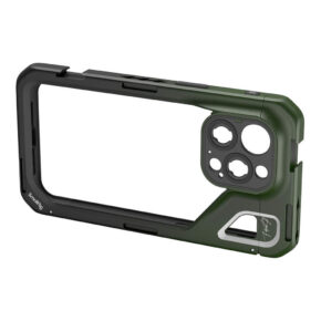 1704383876_195 The sturdy green and black SmallRig 4473 x Brandon Li Mobile Video Cage for iPhone 15 Pro Max Co design Edition with reinforced corners, multiple camera cutouts and SmartRig branding at the bottom, shown empty.