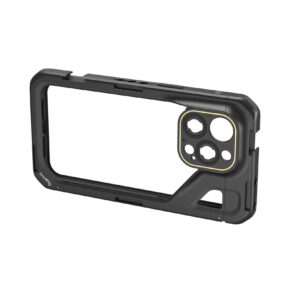 1704464398_039 The SmallRig 4391 Mobile Video Cage for iPhone 15 Pro Max is a durable black case with reinforced corners, open front, protective edges, large camera opening and metal ring around the camera.