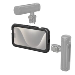 Musta SmallRig 4396 Mobile Video Cage for iPhone 15 Pro on kiinnitetty kiinnitysjärjestelmään, ja ylimääräiset komponentit on esitetty puoliksi läpinäkyvällä harmaalla niiden sijoittelun ja kokoonpanovaihtoehtojen havainnollistamiseksi.