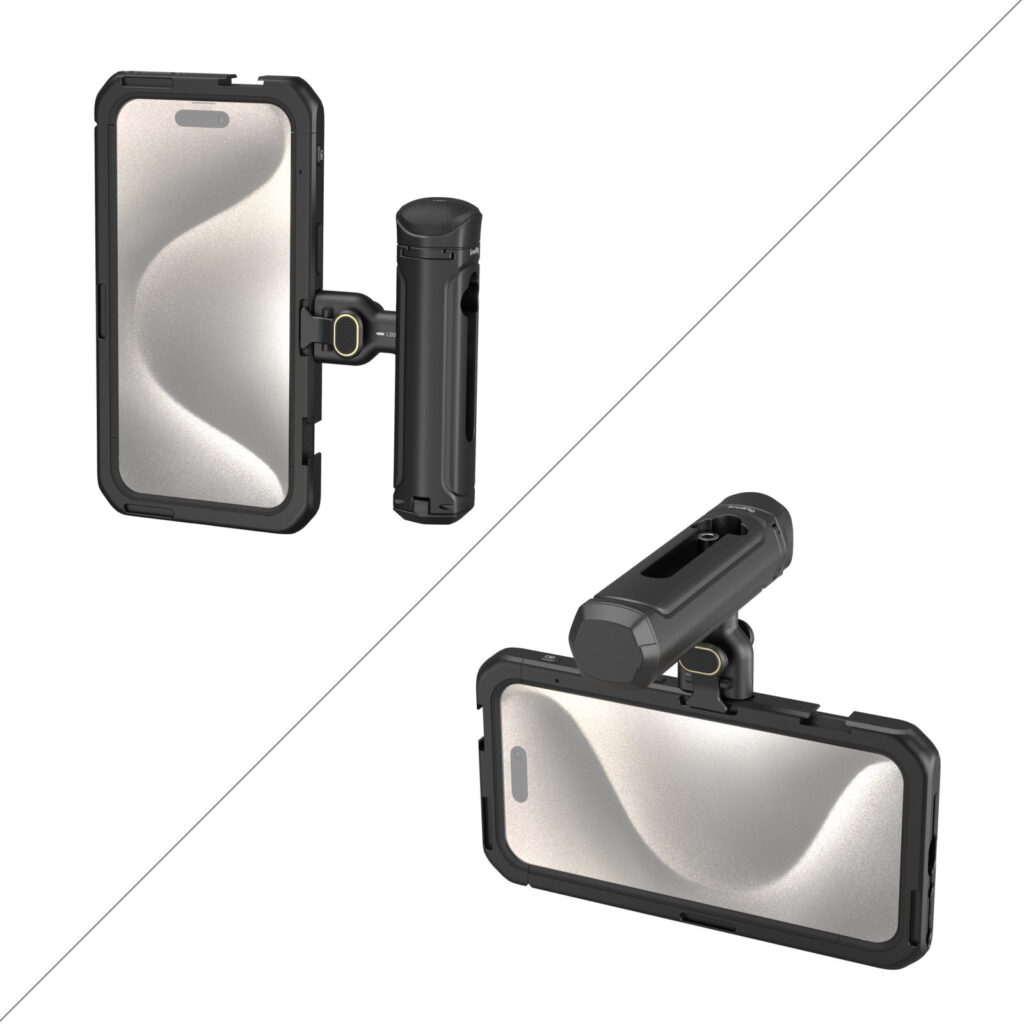 1704796493_414 Suojakotelossa oleva SmallRig 4393 Mobile Video Kit (Single Handheld) iPhone 15 Pro Max -puhelimelle on asennettu mustaan kahvaan, ja se näkyy kahdesta kulmasta valkoisella taustalla, joka on jaettu diagonaaliviivalla, joka on suunniteltu turvalliseen käsikäyttöön.