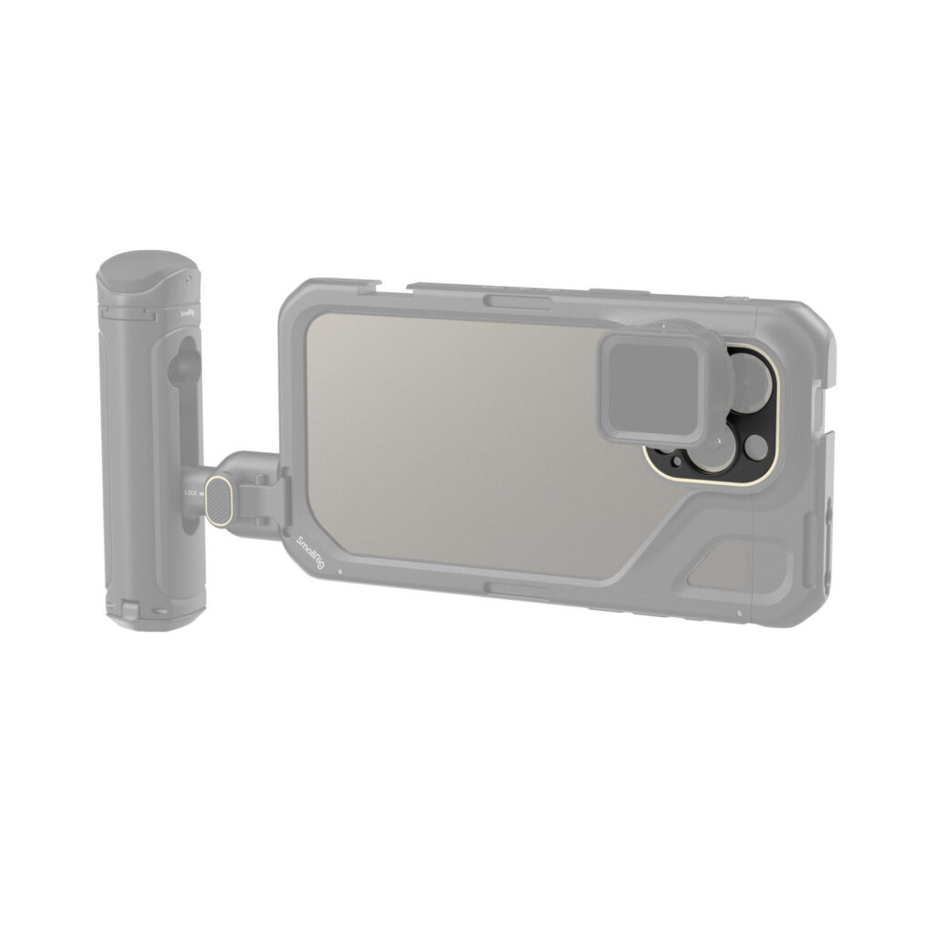 1704798406_207 SmallRig 4394 17 mm:n kierteinen objektiivin takakiinnityslevy iPhone 15 Pro Max / 15 Pro Cage -puhelimelle on harmaa kotelo, jossa on vasemmanpuoleinen sylinterimäinen kahva kuvausvakauden parantamiseksi ja näkyvä kameran alue.