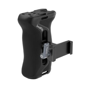 1705493744_357 The SmallRig 4416 Arca Type Side Handle is a black camera grip with adjustable phone holder and side lever, designed to securely attach and hold your smartphone for shooting or photography.