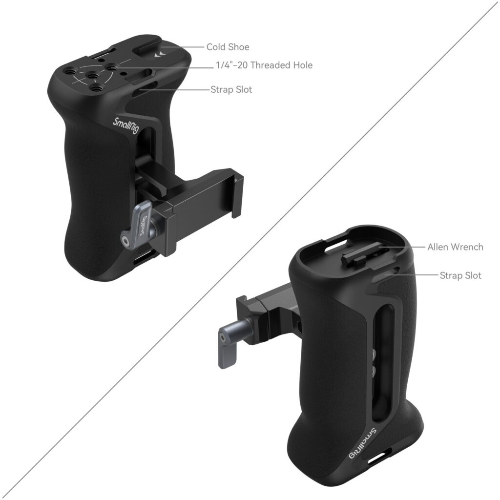 1705493750_298 Two views of the SmallRig 4416 Arca Type side handle show its textured grip, cold shoe, 1/4"-20 thread, strap hole, allen key holder and multiple attachment points for accessories.