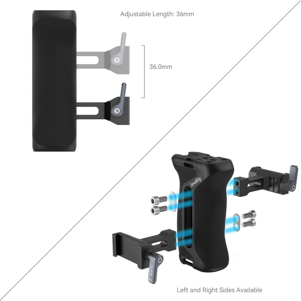1705493753_220 The SmallRig 4416 Arca-type black side handle has an adjustable 36 mm length, side and corner views, blue highlighted attachment points and attachment brackets. Stickers note available left and right hand options.