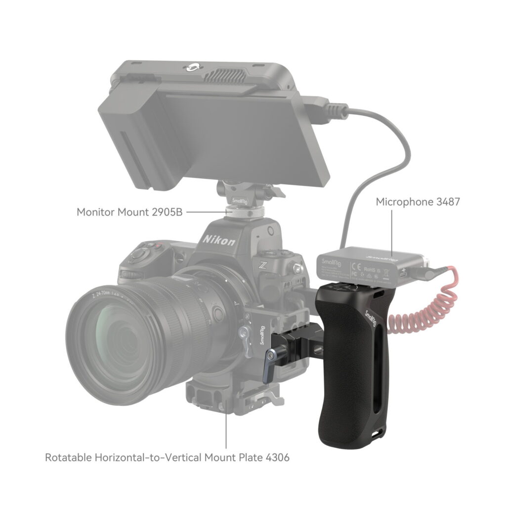 1705493756_502 A Nikon camera with a monitor (2905B), microphone (3487), swivel plate (4306) and SmallRig 4416 Arca-type side handle, all with model number.