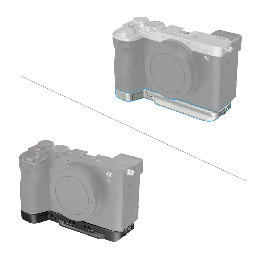 1705499299_083 Kahdessa kuvassa peilittömästä kamerasta, jossa on puoliksi läpinäkyvä runko, näkyy SmallRig 4438 Bottom Mount Plate for Sony A7C II / A7CR (musta) kiinnitettynä jalustaan ja sivuun; toinen kiinnityslevy on vaaleanharmaa, toinen musta.
