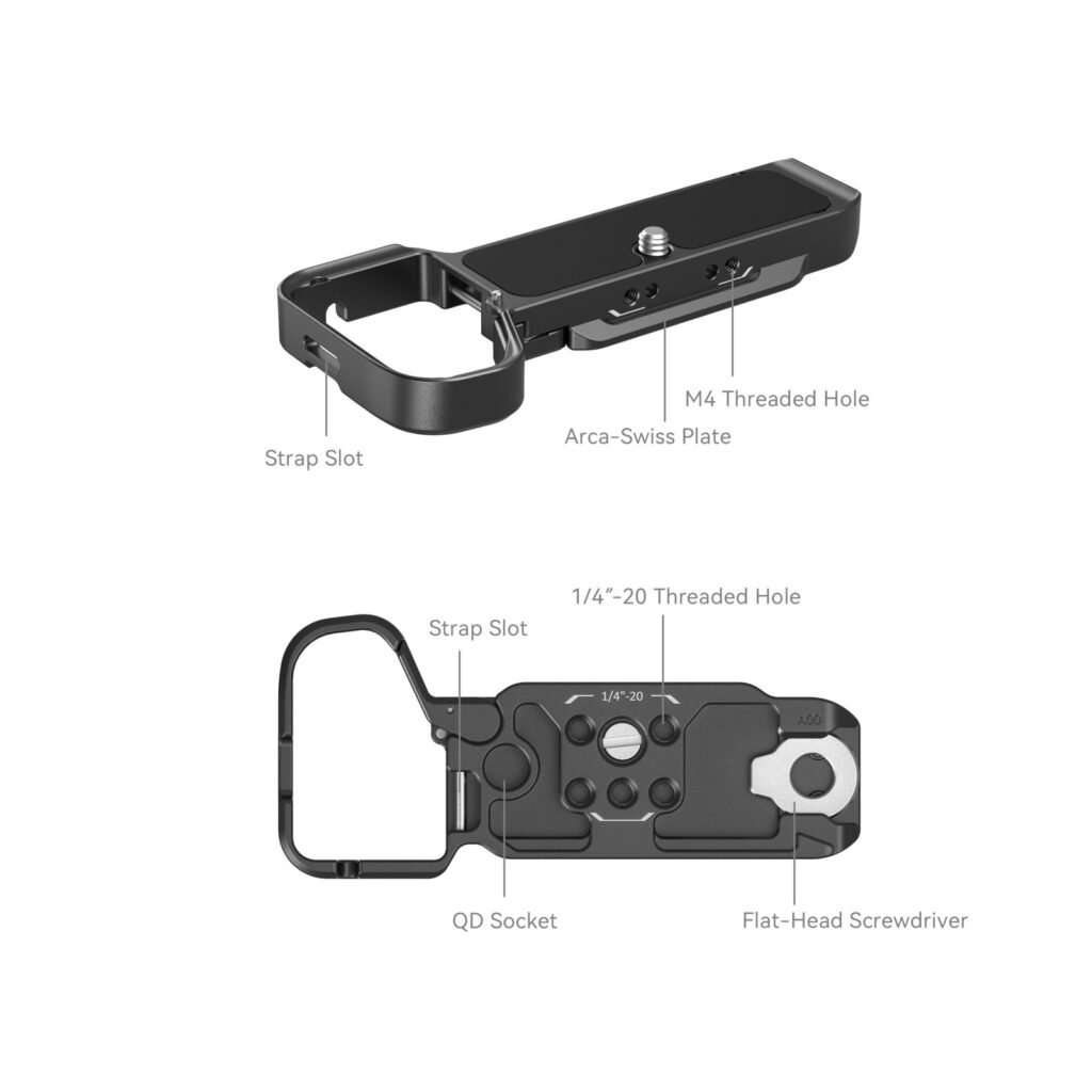 1705499302_911 SmallRig 4438 Bottom Mount Plate for Sony A7C II / A7CR (musta) sisältää Arca-Swiss-levyn, hihna-aukon, M4- ja 1/4″-20-kierrereiät, QD-liitännän ja sisäänrakennetun litteäpäisen ruuvimeisselin; kuvassa ylhäältä ja alhaalta.