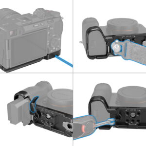 1705499305_375 Neliruutuinen kuva SmallRig 4438 Bottom Mount Plate for Sony A7C II / A7CR (musta) -levystä, jossa näkyy hihnan kiinnitys, akkulokeron avaaminen, akun irrottaminen ja levyn kiinnittäminen työkalun avulla pohjaruuveilla.