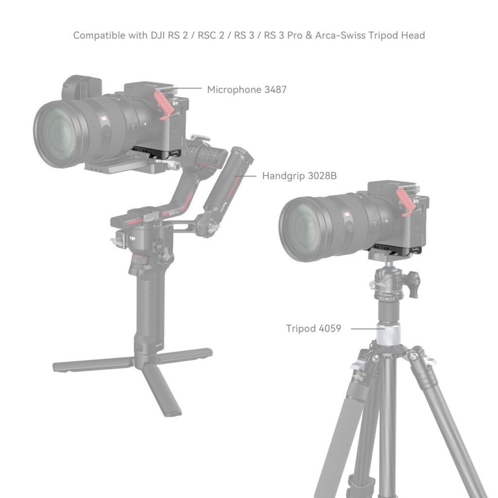 1705499308_344 Kaaviossa näkyy SmallRig 4438 Bottom Mount Plate for Sony A7C II / A7CR (musta), mikrofoni 3487, käsikahva 3028B vakaajalla ja toinen kokoonpano jalustalla 4059. Yhteensopiva DJI RS -kardaanien ja Arca-Swissin kolmijalkaisten päiden kanssa.