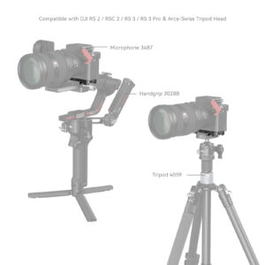 1705499308_344 Kaaviossa näkyy SmallRig 4438 Bottom Mount Plate for Sony A7C II / A7CR (musta), mikrofoni 3487, käsikahva 3028B vakaajalla ja toinen kokoonpano jalustalla 4059. Yhteensopiva DJI RS -kardaanien ja Arca-Swissin kolmijalkaisten päiden kanssa.