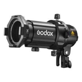 1705592629_621 The Godox Spotlight Attachment MLP36K ML30/ML60 for LED lights is a black optical snoot with an octagonal front, control knobs and mounting accessories for studio lighting.