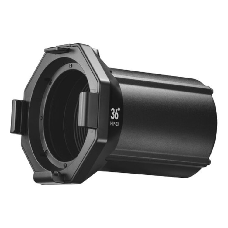 Musta lieriömäinen linssiliitin, jossa on kuusikulmainen etuosa ja jossa on merkintä Godox Spotlight Attachment MLP36K ML30/ML60 LED-valoille, ihanteellinen valaistukseen tai valokuvauslaitteisiin.