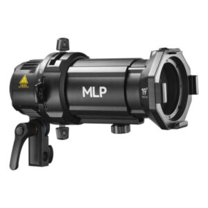 Godox Spotlight-liitäntä MLP19K ML30/ML60 LED-valaisimelle, jossa on 19° linssi ja kiinnike, on kuvassa mustana valkoisella pohjalla.