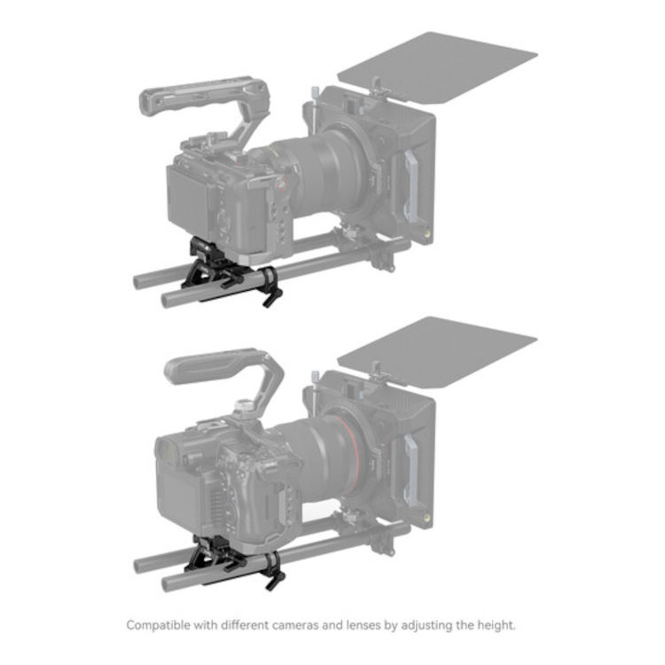 1705926776_042 Kaksi ammattikäyttöön tarkoitettua videokameraa on asennettu SmallRig 4233 Universal Arca Swiss Height Adjustable Mount Plate Kits -levysarjaan siten, että ylin kamera on sijoitettu hieman alempaa kameraa korkeammalle, jotta voidaan osoittaa yhteensopivuus säädettävän korkeuden kanssa.