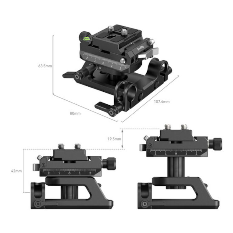 1705926777_136 SmallRig 4233 Universal Arca Swiss Height Adjustable Mount Plate Kit, joka näkyy mustana useista eri kulmista, sisältää säätönupit, asteikkomerkinnät ja merkityt mitat 107,4 mm, 80 mm, 63,5 mm, 42 mm ja 19,5 mm.
