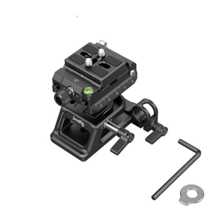 1705926778_948 SmallRig 4233 Universal Arca Swiss Height Adjustable Mount Plate Kit sisältää mustan metallisen pikakiinnikkeen, jossa on säätönupit, sisäänrakennettu kuplavaa'an, kuusiokoloavaimen ja aluslevyn, kuvassa valkoisella pohjalla.