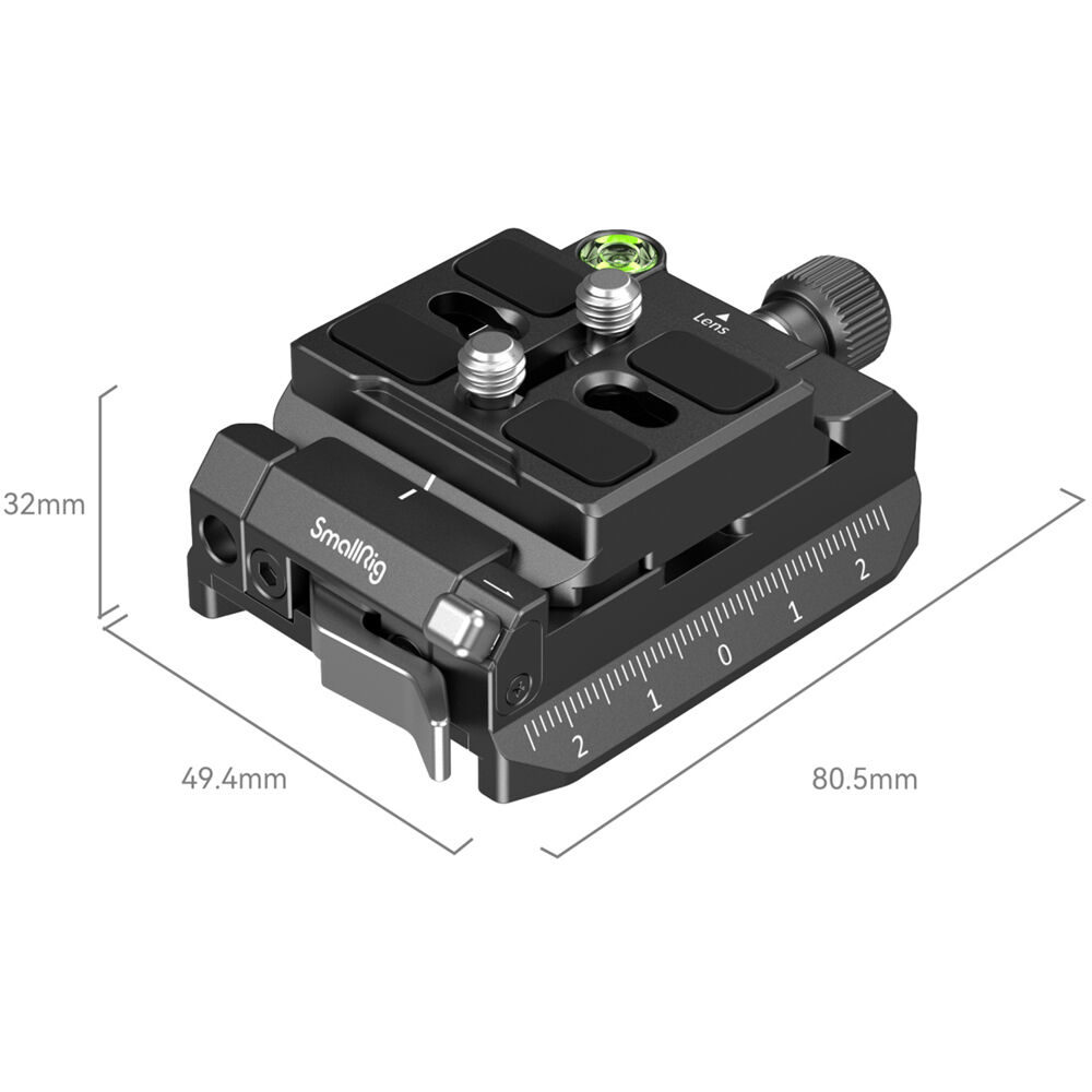 1705931029_898 SmallRig 4234 Arca Swiss / Manfrotto Compatible Mount Plate Kit on musta kiinnityslevy, jossa on mittamerkinnät, säätönuppi, kuplavaa'an vaa'alla ja pikakiinnike. Mitat: Mitat: 32 mm korkea, 49,4 mm leveä, 80,5 mm pitkä.