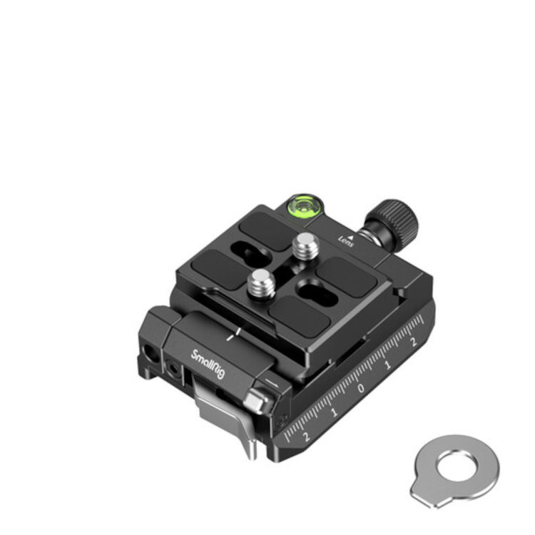 1705931032_420 SmallRig 4234 Arca Swiss / Manfrotto Compatible Mount Plate Kit on esitetty mustana, jossa on kuplavaa'an, mittamerkinnät, säätönuppi ja hopeinen aluslevy valkoisella pohjalla.