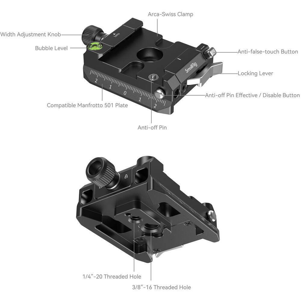 1705931033_083 Kaavio SmallRig 4234 Arca Swiss / Manfrotto Compatible Mount Plate Kit -kiinnityssarjasta, jossa näkyvät merkityt osat: leveyden säätönuppi, kuplavaa'an taso, Arca-Swiss-kiinnike, väärän kosketuksen estävä painike, lukitusvipu, irtoamisen estävä tappi ja kierrereiät.