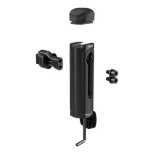 1705931839_433 Musta SmallRig 4403 Quick Release Side Handle on esitetty purettuna viiteen osaan - runko, korkki, kiinnityspää ja kaksi pientä ruuvia - valkoisella pohjalla.