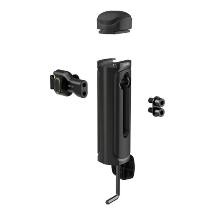 1705931839_433 Musta SmallRig 4403 Quick Release Side Handle on esitetty purettuna viiteen osaan - runko, korkki, kiinnityspää ja kaksi pientä ruuvia - valkoisella pohjalla.
