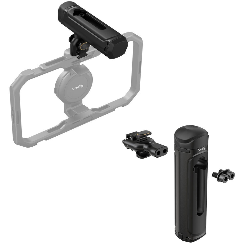 1705931840_530 SmallRig 4403 Quick Release Side Handle, musta sylinterimäinen kameran lisävaruste kiinnitysosineen, näkyy kiinnitettynä harmaaseen kameran runkoon ja irrotettuna siitä. Sen modulaarinen rakenne sopii videokuvaus- tai valokuvausasetuksiin.