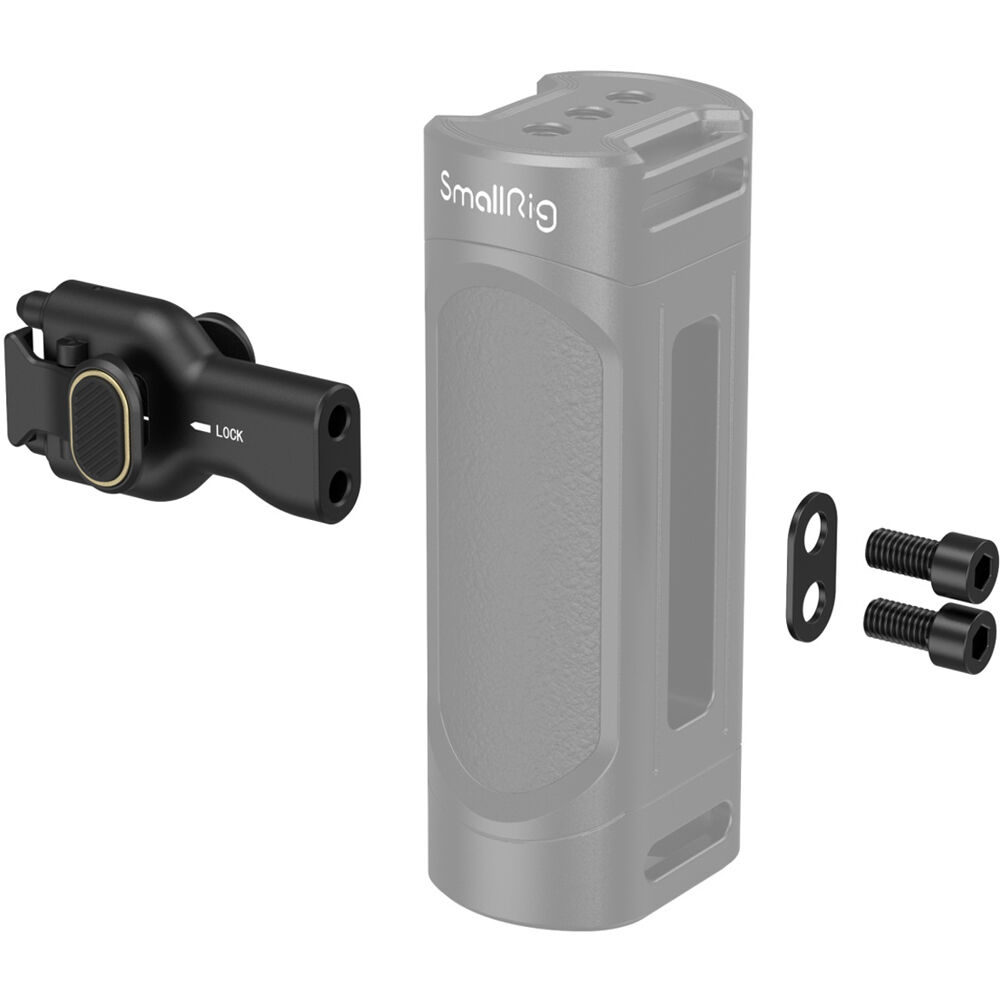 1705933959_401 Tuotekuva SmallRig 4404 Side Handle Quick Release Adaptor -sarjasta, jossa on kahvan kiinnitys, kiinnitysvarsi, kaksi mustaa ruuvia ja pieni musta asennuslevy valkoisella pohjalla.