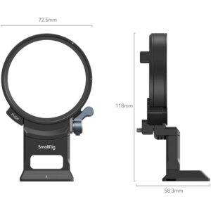 1705934922_090 Edestä ja sivulta SmallRig 4424 Rotatable Mount Plate for Sony A7C II/A7CR, musta ja pyöreä kehys. Mitat: 72,5 mm leveä, 118 mm korkea, 58,3 mm syvä. Näkyvä painike ja säätövipu.