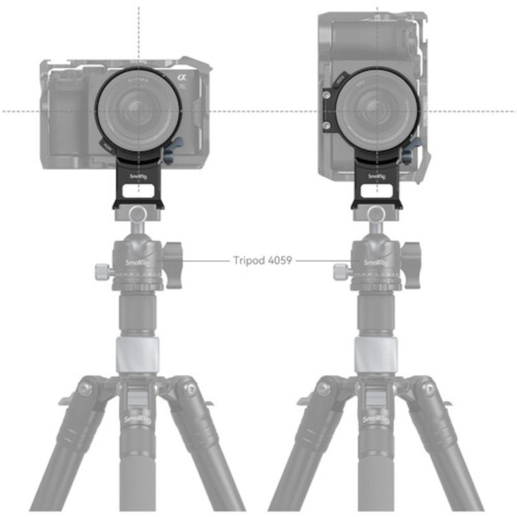 1705934923_352 Kaavio, jossa kamera on asennettu pystysuoraan ja vaakasuoraan jalustalle, mikä havainnollistaa kohdistusta SmallRig 4424 Rotatable Horizontal-to-Vertical Mount Plate for Sony A7C II / A7 CR -levyn kanssa.