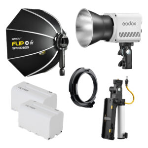 1706024735_503 Godox ML60II BI Location Kit sisältää studiosalaman, SMOV Speedbox-softboxin, kaksi Viltrox-akkua, kiinnitystelineen, jalustan ja keltaisen kaapelin.