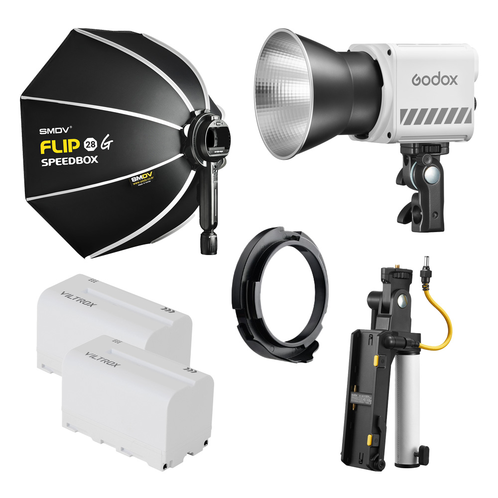 1706024735_503 Godox ML60II BI Location Kit sisältää studiosalaman, SMOV Speedbox-softboxin, kaksi Viltrox-akkua, kiinnitystelineen, jalustan ja keltaisen kaapelin.