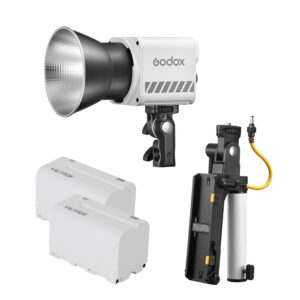 1706085683_838 Godox ML60II BI Battery Kit LED-valaisin, jossa on heijastin, kaksi Viltrox-akkua ja akkukahva keltaisella kaapelilla, näkyy valkoisella taustalla.