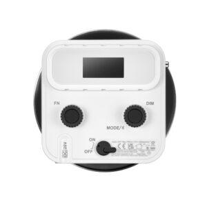 1706085685_935 Godox ML60II BI Battery Kit -LED-valo -paristosarjan ylhäältä katsottuna valkoinen muotoilu, jossa on näyttö, FN- ja DIM-säätimet, ON/OFF-kytkin, MODE/Bluetooth-painike ja DC 20V:n virransyöttömerkki.