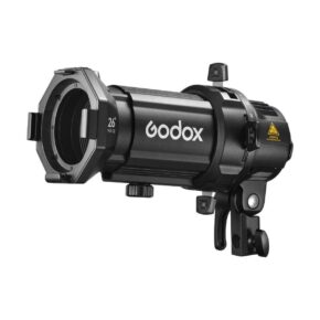 1706182604_668 Godox Spotlight-liitäntä MLP26K ML30/ML60:lle on kuvattu mustana, ja siinä on kiinnitysteline, säätönupit ja keltainen varoitustarra valkoista taustaa vasten kuvattuna.