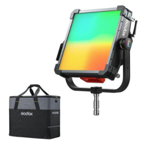 1706186852_828 The Godox KNOWLED P300R RGB Hard Panel Light Kit features a rectangular LED light with a colourful panel in a U-shaped bracket and comes with a grey and black Godox branded carrying case.