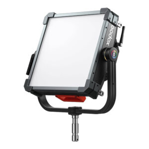 Godox KNOWLED P300R RGB Hard Panel Light Kit on neliskulmainen LED-studiovalaisin, jossa on metallikehys, säädettävä jalusta, säätönuppi sivulla ja Godoxin tuotemerkki kehyksen reunassa.