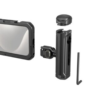 1706193391_839 SmallRig 4398 Mobile Video Kit (Single Handheld) iPhone 15 Pro:lle näkyy purettuna valkoisella pohjalla, ja siinä on kotelo, nupilla varustettu kiinnitin, pyöreä magneettijalusta ja kuusiokoloavain.