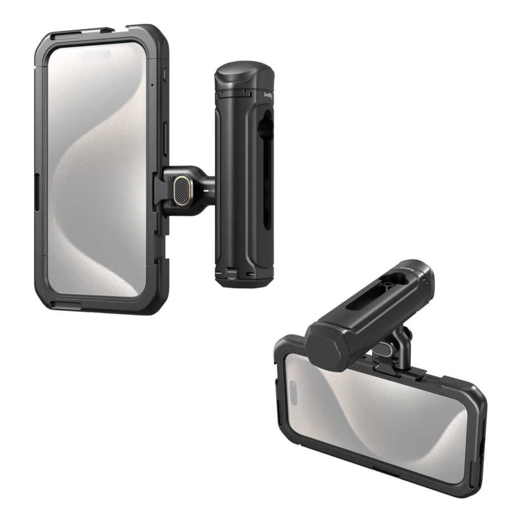 1706193396_407 SmallRig 4398 Mobile Video Kit (Single Handheld) iPhone 15 Pro -puhelimelle, joka on esitetty mustana ja jossa on kestävä rakenne ja pyörivä säädettävä varsi, pitää puhelimen turvallisesti sekä pysty- että vaaka-asennossa, mikä korostaa sen vankkaa rakennetta.