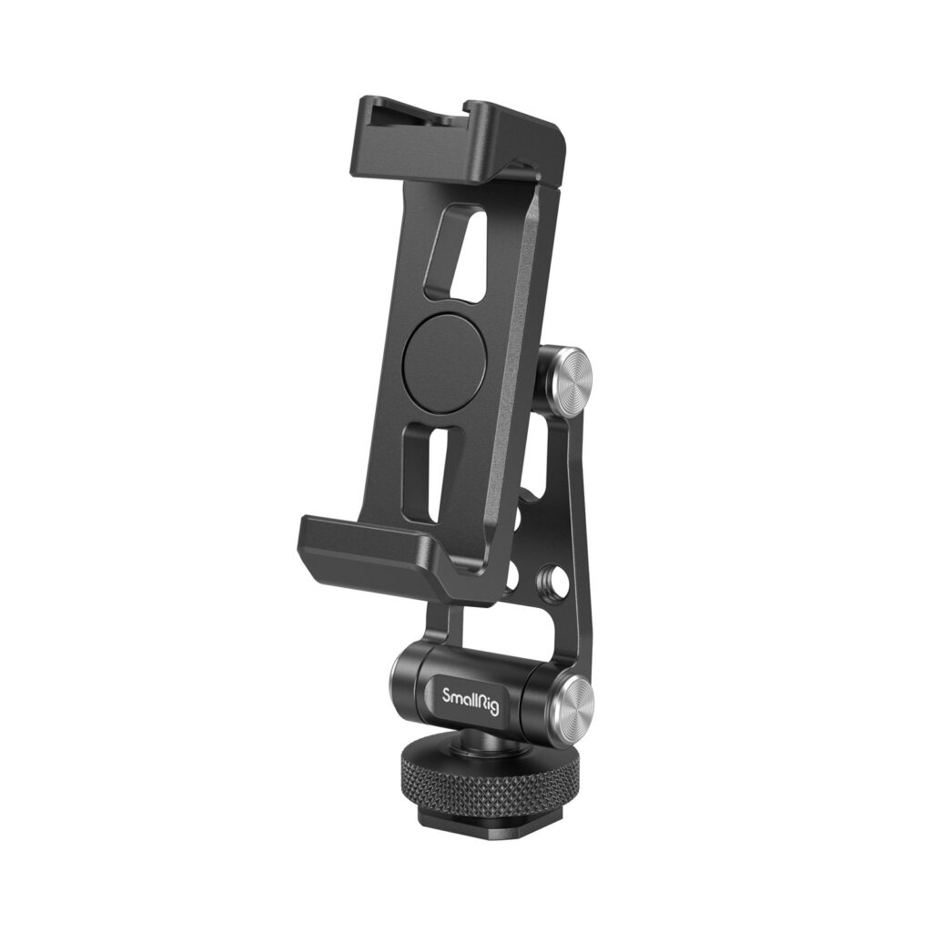 1706196176_701 SmallRig 4382 Metal Phone Holder with Cold Shoe Mount -puhelinpidikkeessä on musta metallirakenne, säädettävät varret hopeisilla saranoilla, pyörivä pohja, painoa vähentävät leikkaukset ja kestävä muotoilu.