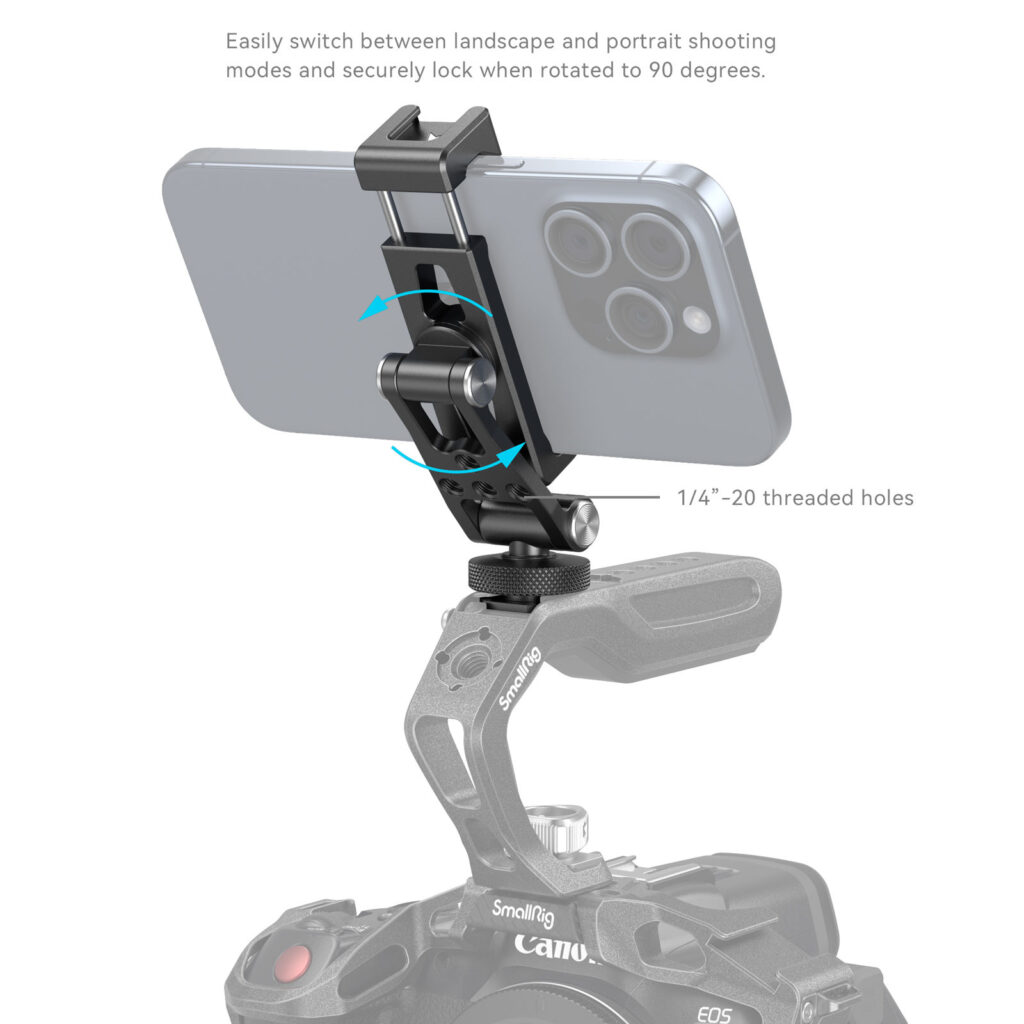 1706196180_763 SmallRig 4382 Metal Phone Holder with Cold Shoe Mount -metallipuhelinpidikkeellä voit kääntää älypuhelinta kameran kahvassa maisema- ja muotokuvatilojen välillä. Siniset nuolet osoittavat kääntämisen, ja teksti korostaa 1/4-20-kierteisiä kiinnitysreikiä.