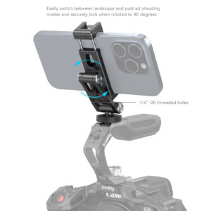 1706196180_763 SmallRig 4382 Metal Phone Holder with Cold Shoe Mount -metallipuhelinpidikkeellä voit kääntää älypuhelinta kameran kahvassa maisema- ja muotokuvatilojen välillä. Siniset nuolet osoittavat kääntämisen, ja teksti korostaa 1/4-20-kierteisiä kiinnitysreikiä.