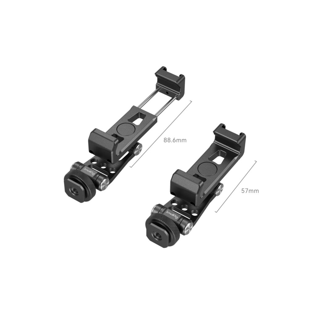 1706197451_738 Two SmallRig 4301 phone holders for DJI Gimbals are shown side by side: one extended to 88.6 mm and the other retracted to 57 mm. Both have a black metal construction with knobs and notches for secure attachment.