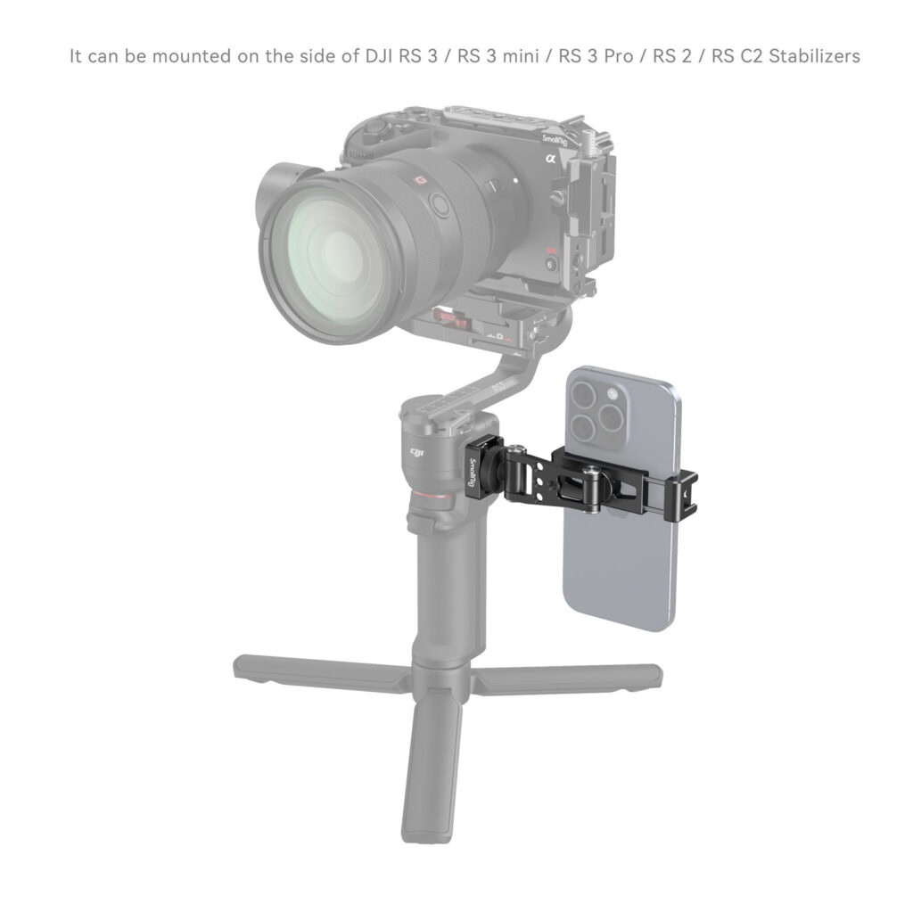 1706197455_688 The SmallRig 4301 Phone Holder attaches your smartphone to your DJI gimbal using an accessory mount. It holds your camera and stands on a tripod, compatible with DJI RS 3, RS 3 mini, RS 3 Pro, RS 2 and RS C2 stabilizers.