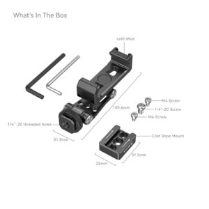 1706197457_346 The marked diagram shows the contents of the SmallRig 4301 Phone Holder for DJI Gimbals box: two hex wrenches, mounting bracket with cold shoe, screws, cold shoe clamp and the dimensions of each component.