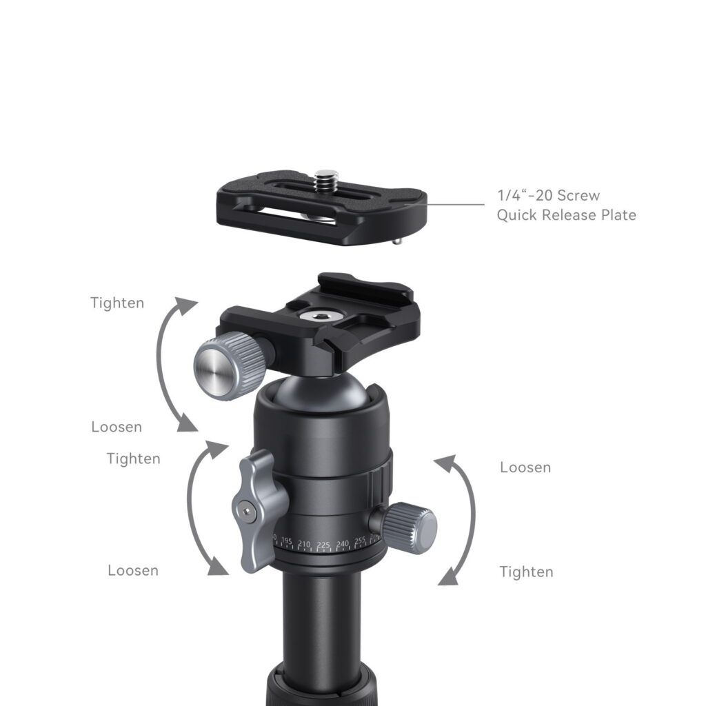 1706198831_525 Kaavio SmallRig 4289 Aluminum Mini Tripod VT 20 -kolmijalka -kuulapäästä, jossa on merkityt kiristys-/ löysäsäätimet sekä edellä esitetty irrotettava pikakiinnityslevy (1/4-20 ruuvi), jossa nuolet osoittavat säätösuunnat.