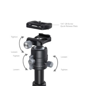 1706198831_525 Kaavio SmallRig 4289 Aluminum Mini Tripod VT 20 -kolmijalka -kuulapäästä, jossa on merkityt kiristys-/ löysäsäätimet sekä edellä esitetty irrotettava pikakiinnityslevy (1/4-20 ruuvi), jossa nuolet osoittavat säätösuunnat.
