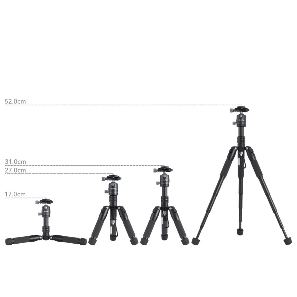 1706198834_485 Neljä SmallRig 4289 Aluminum Mini Tripod VT 20 -kolmijalka -yksikköä vasemmalta oikealle korkeuksilla 17,0 cm, 27,0 cm, 31,0 cm ja 52,0 cm, joista jokaisen korkeus on merkitty katkoviivalla.