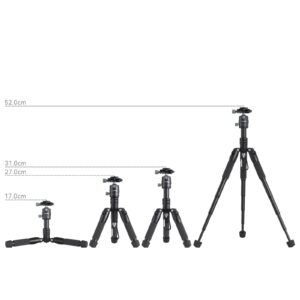 1706198834_485 Neljä SmallRig 4289 Aluminum Mini Tripod VT 20 -kolmijalka -yksikköä vasemmalta oikealle korkeuksilla 17,0 cm, 27,0 cm, 31,0 cm ja 52,0 cm, joista jokaisen korkeus on merkitty katkoviivalla.