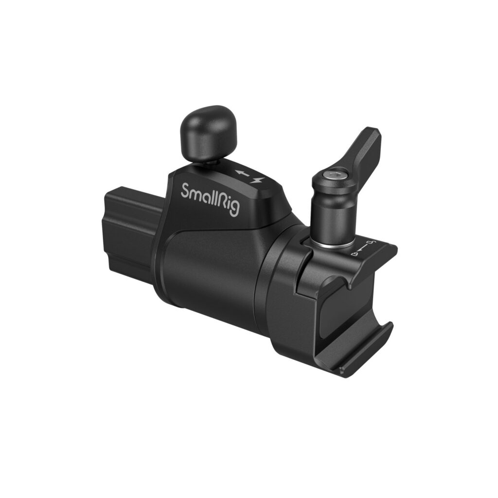 1706272452_106 SmallRig 4112 Universal Rotating Handle Adapter on musta kameran lisävaruste, jossa on sylinterimäinen runko, sivuvipu ja yläosan säätönuppi ja joka on suunniteltu kameralaitteiden kiinnittämiseen tai kiinnittämiseen.